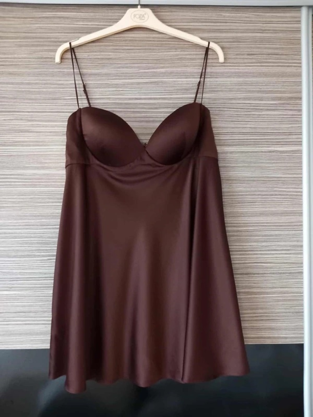 Oh Polly Brown Satin Slip Dress with Built-In Cups